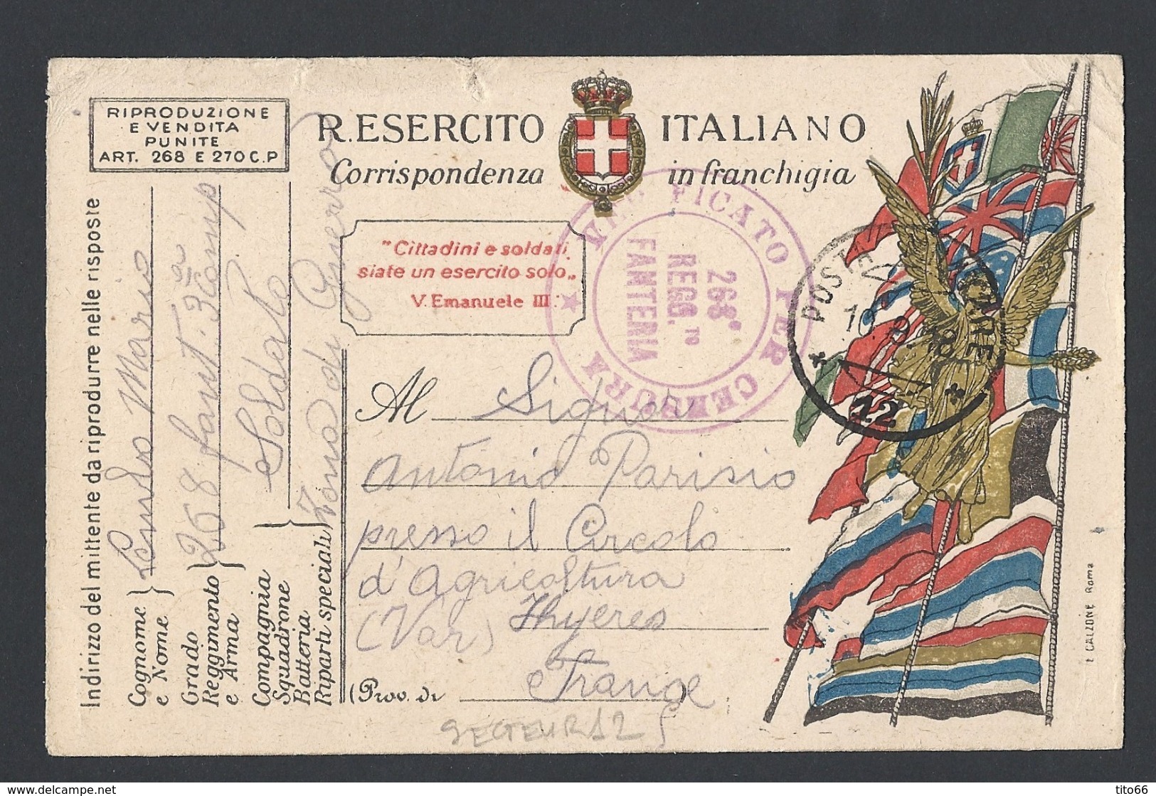 Guerre 14-18 Carte Militaire Italienne Avec Correspondance Du 10/9/1918  Vers Hyeres Cachet De Censure - Guerre De 1914-18