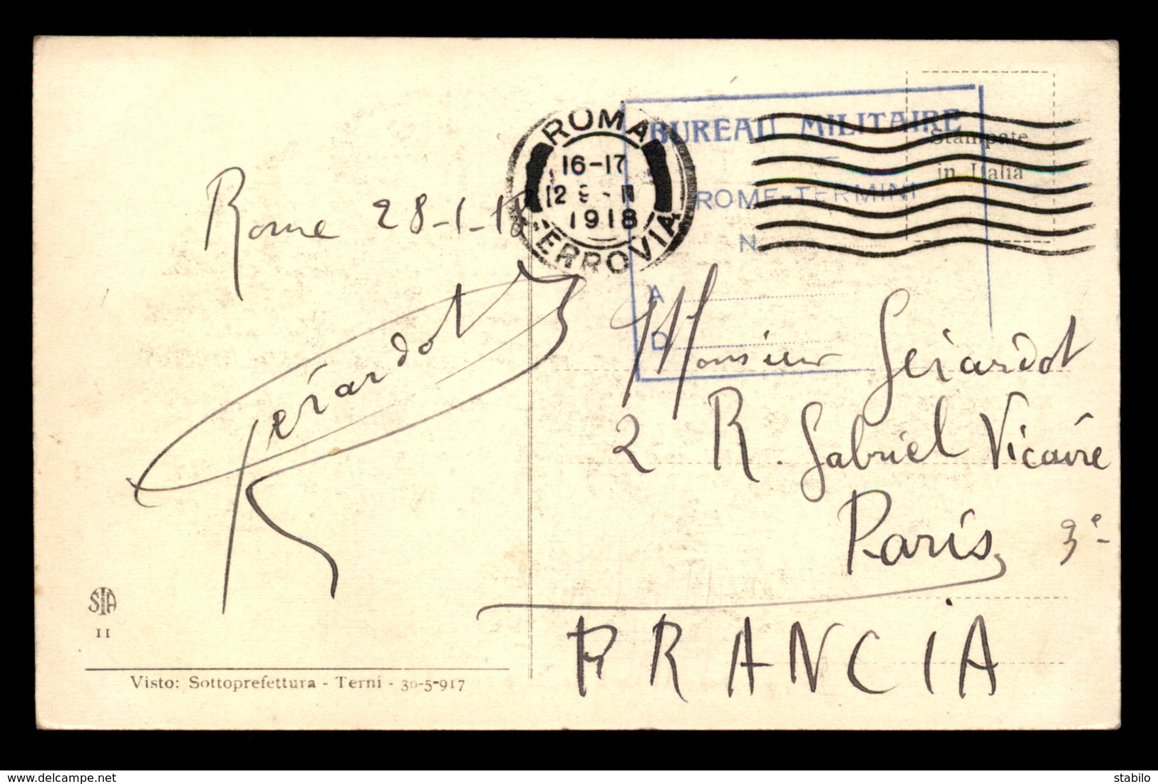 CACHET DU BUREAU MILITAIRE FRANCAIS DE ROME-TERMINI - Guerre De 1914-18