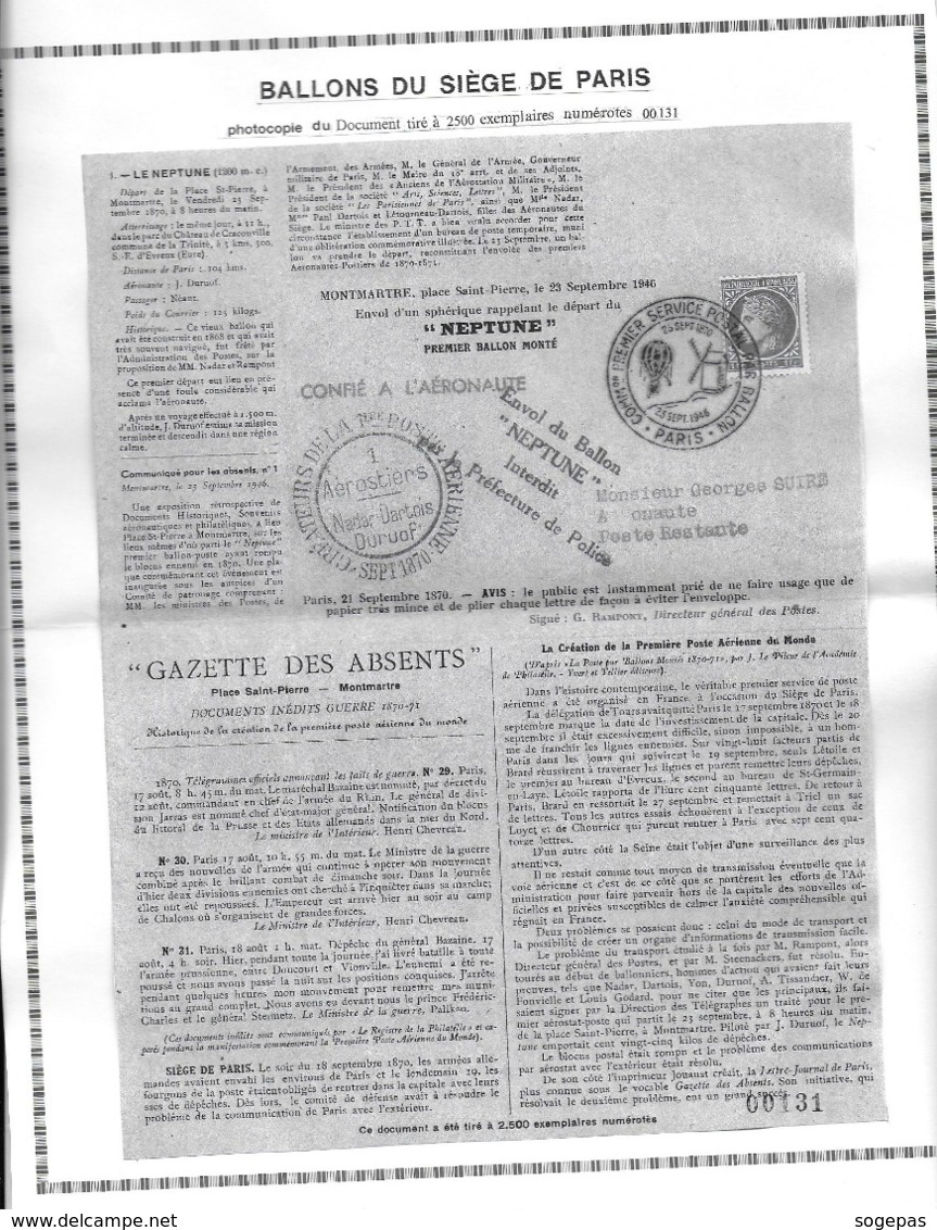 FRANCE ANNIVERSAIRE PREMIER BALLON MONTE LE NEPTUNE DOCUMENT + LETTRES Voir Scans - 1927-1959 Oblitérés