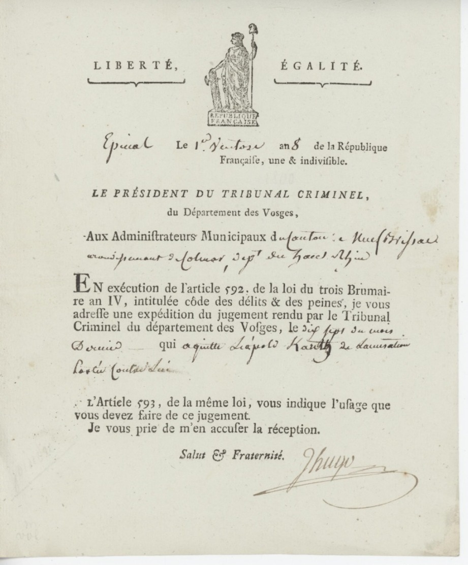 Héraldique Épinal An 8 - 20.2.1800 Le Président Du Tribunal Criminel 'Jugement' - Historical Documents