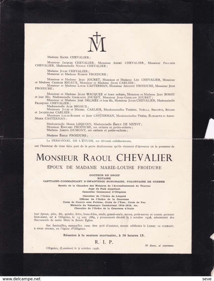 OLLIGNIES Notaire Raoul CHEVALIER époux FROIDURE Ancien Conseiller Communal  1889-1936 - Décès