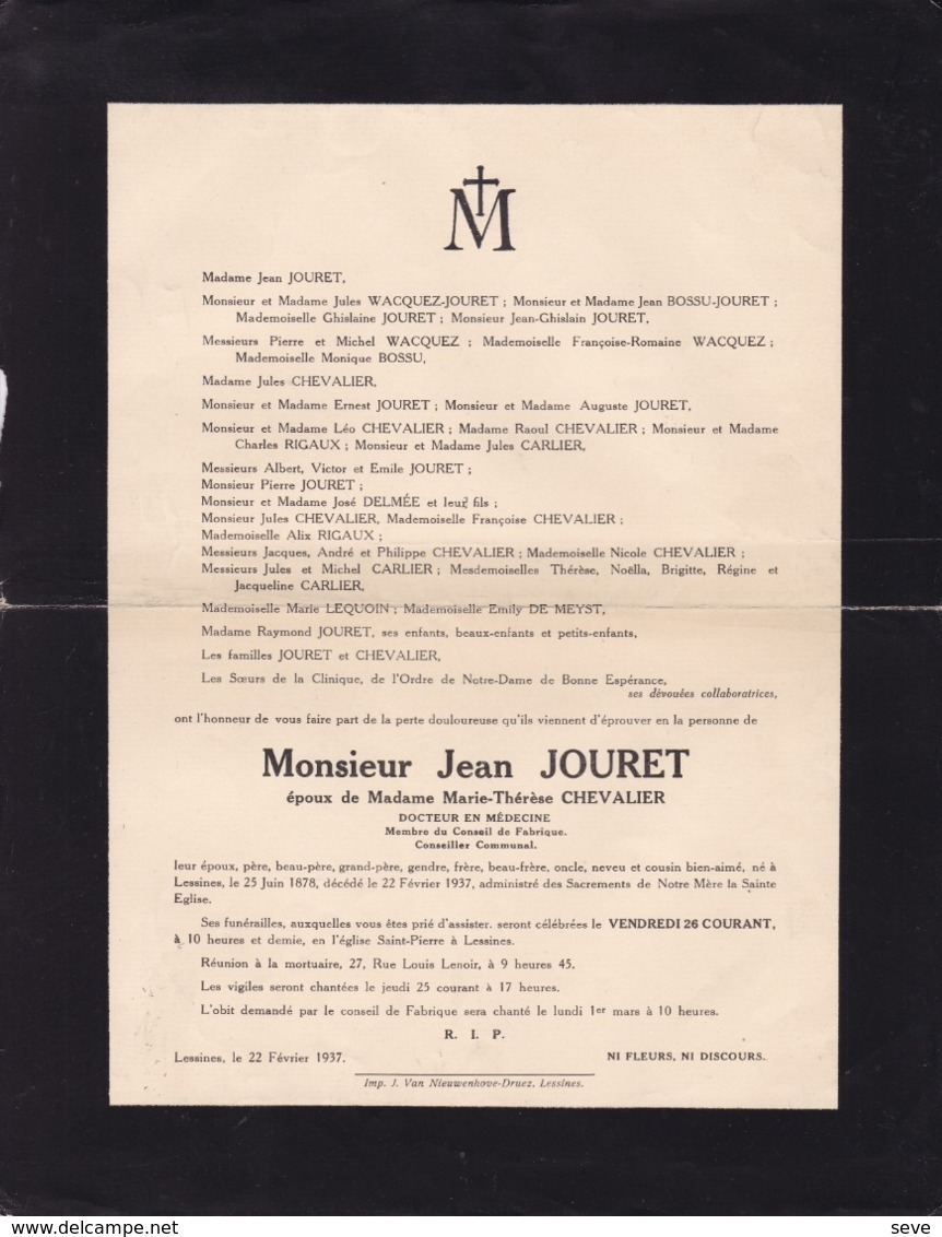 LESSINES Jean JOURET époux CHEVALIER Docteur En Médecine Conseiller Communal 1878-1937 Famille à OLLIGNIES - Obituary Notices