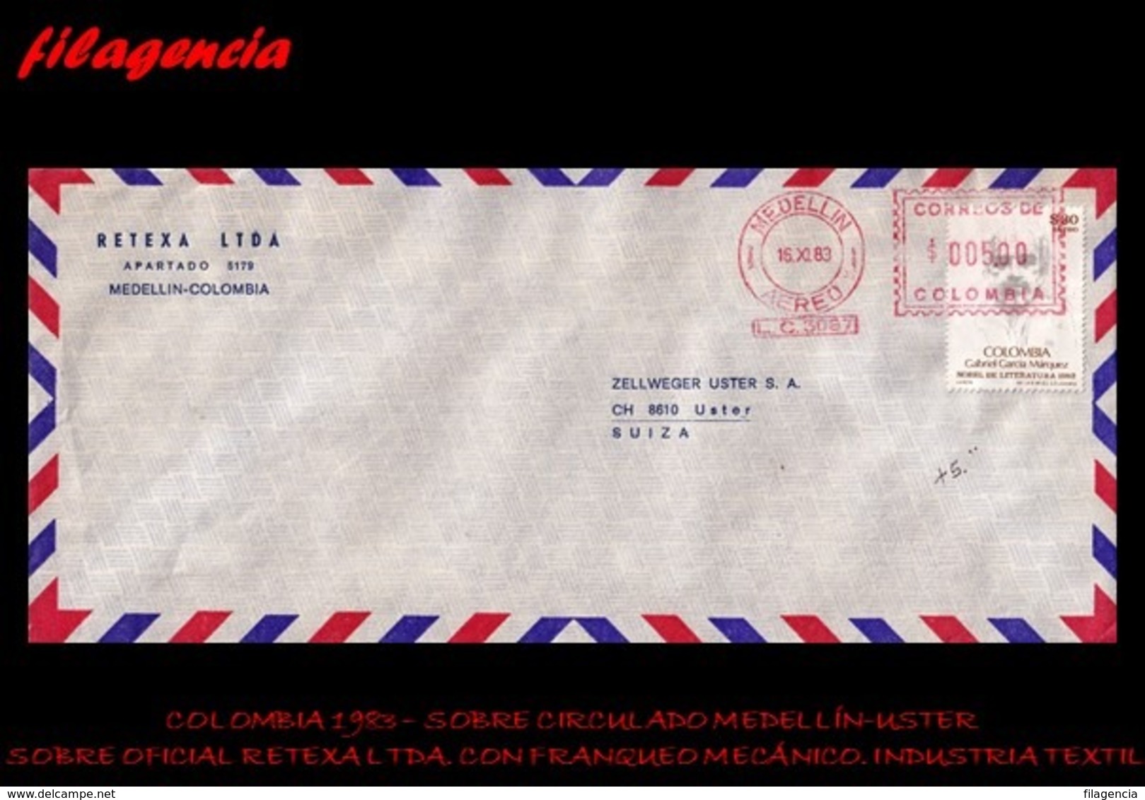 AMERICA. COLOMBIA. ENTEROS POSTALES. SOBRE CIRCULADO EMPRESAS 1983. MEDELLÍN-USTER. RETEXA LTDA. FRANQUEO MECÁNICO - Colombia