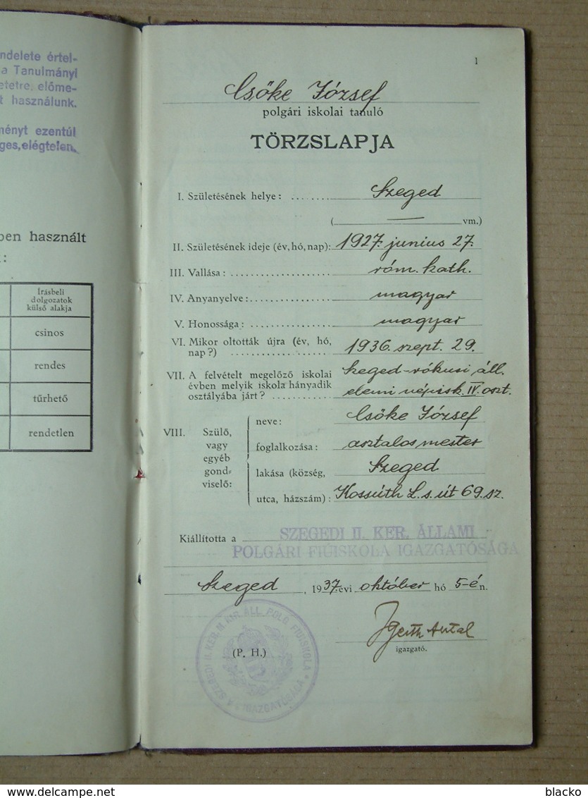 SR - 1937 - School report - Szegedi Állami Fiúiskola - Lektion Buch Lesson book DB01