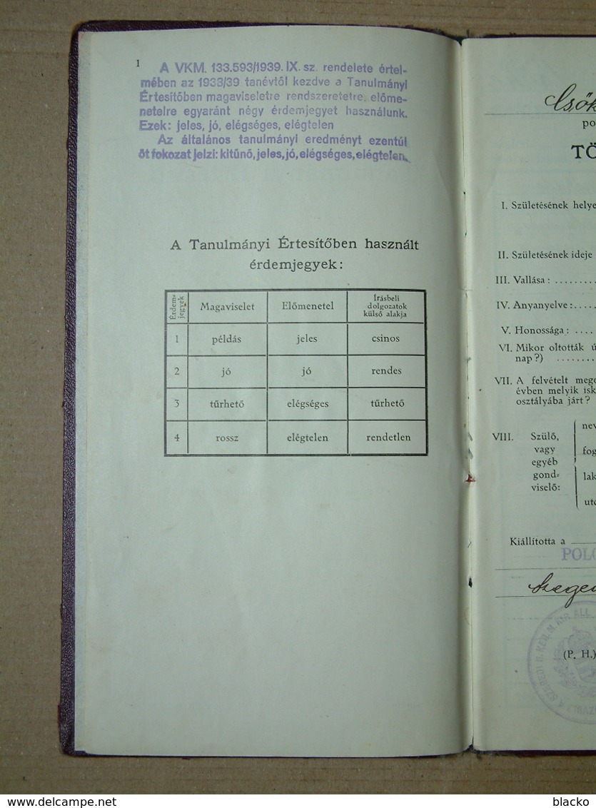 SR - 1937 - School report - Szegedi Állami Fiúiskola - Lektion Buch Lesson book DB01