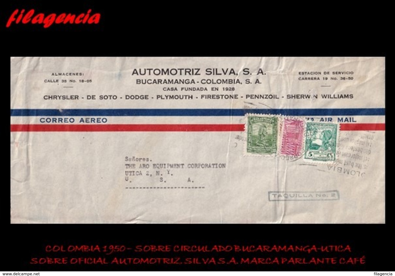 AMERICA. COLOMBIA. ENTEROS POSTALES. SOBRE CIRCULADO EMPRESAS 1950. BUCARAMANGA-UTICA. AUTOMOTRIZ SILVA. MARCA PARLANTE - Colombia