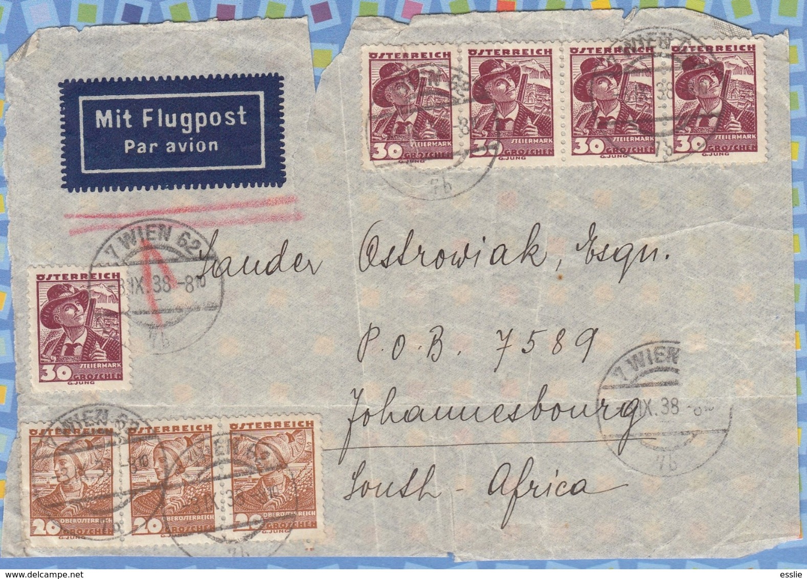 Austria On Cover South Africa RSA - 1938 - Costumes Of Districts 20g, Upper Austria.30g Styria. - Lettres & Documents