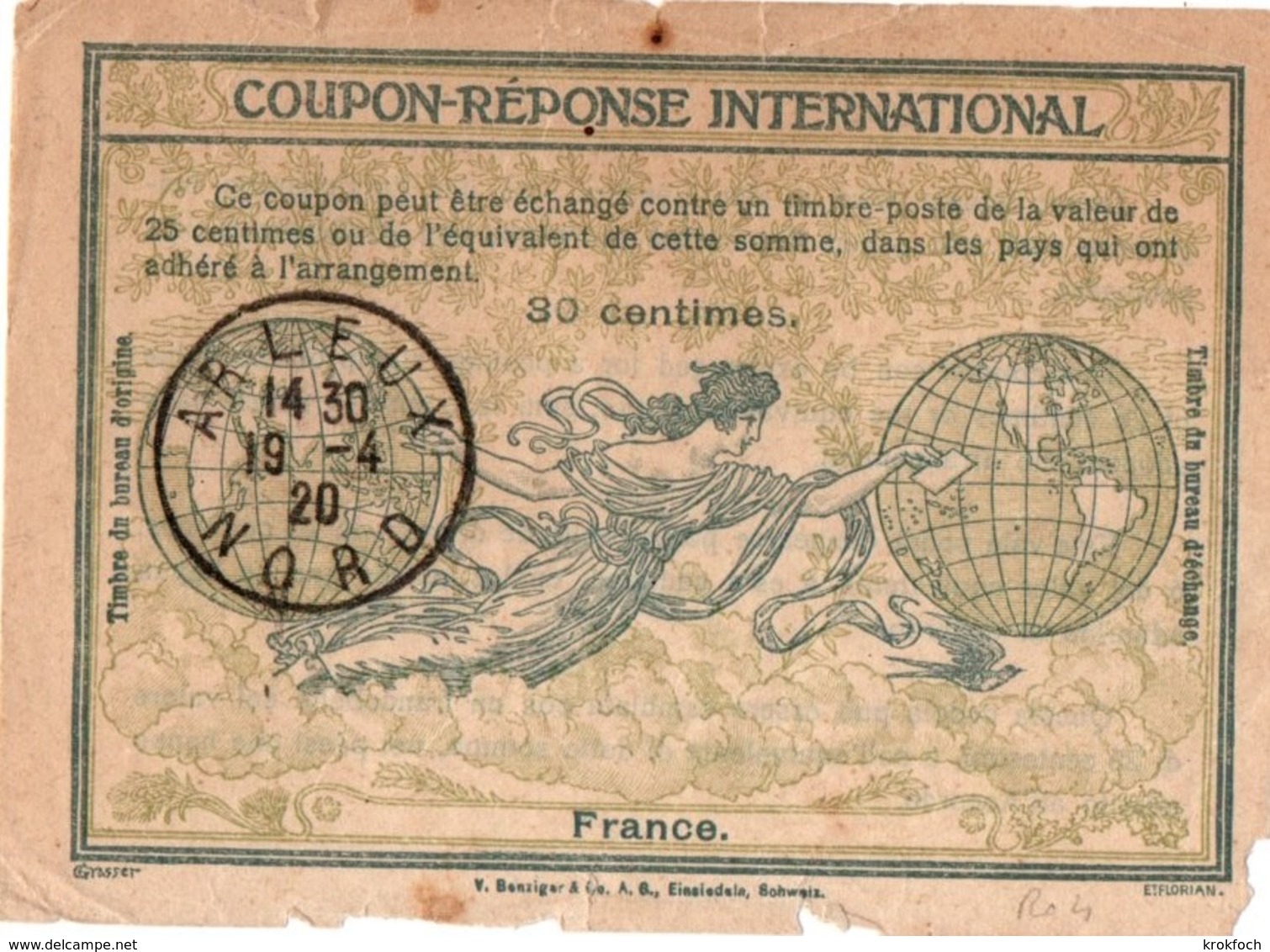 Coupon-réponse France 30 Cts - Arleux Nord 1920 - Type Ro4  - !! Défauts - Antwoordbons