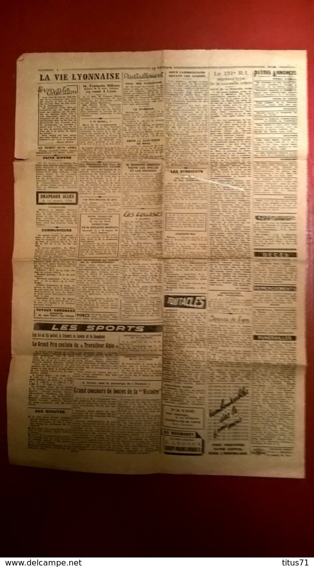 Journal Le Patriote - Quotidien Lyonnais Du Front National - 11 Juillet 1945 - Authentique - 1 Feuille Recto-Verso - Andere & Zonder Classificatie