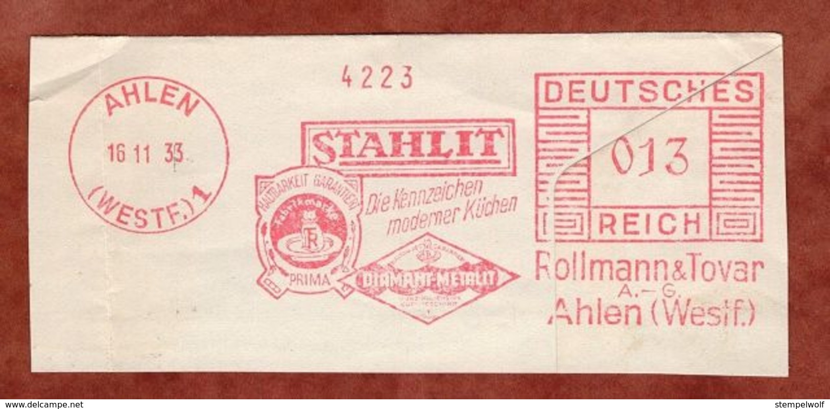 Ausschnitt, Absenderfreistempel, Stahlit Rollmann & Tovar, 13 Rpf, Ahlen 1933 (81762) - Machines à Affranchir (EMA)