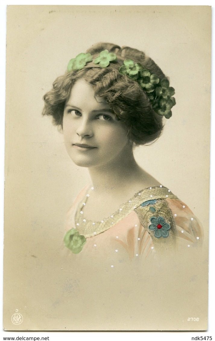 PRETTY GIRL WITH FLORAL HEADBAND AND LACEWORK - EDWARDIAN (HAND COLOURED) - Fashion