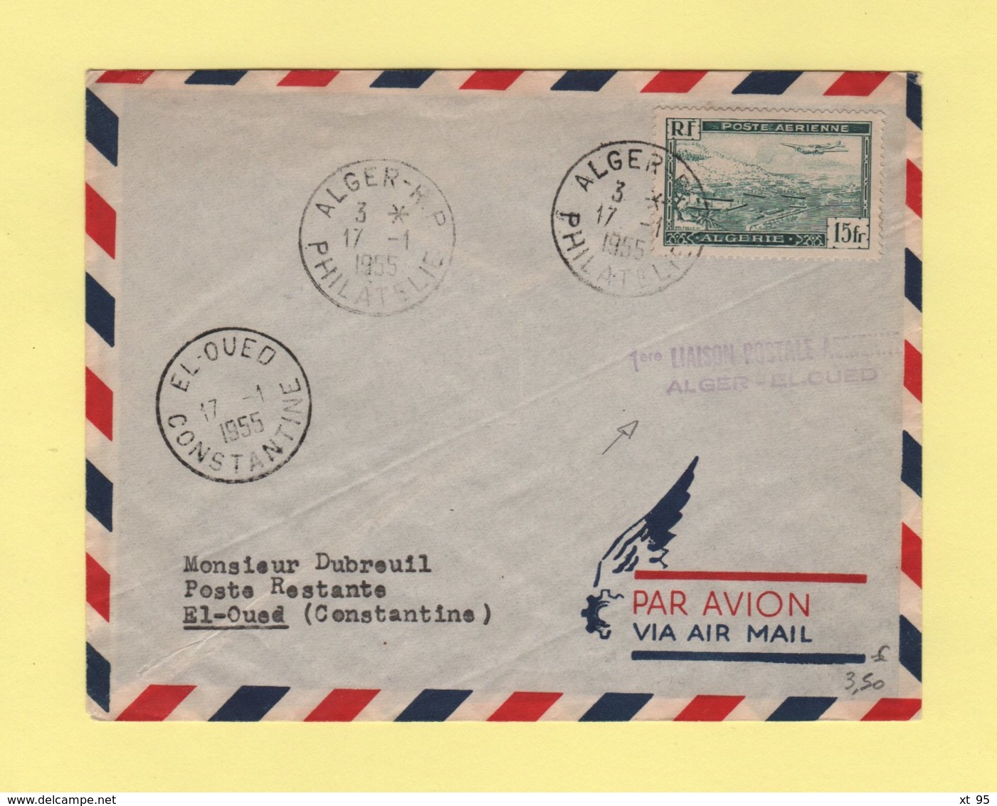 1ere Liaison Aerienne - Alger El Oued - 17-1-1955 - Airmail