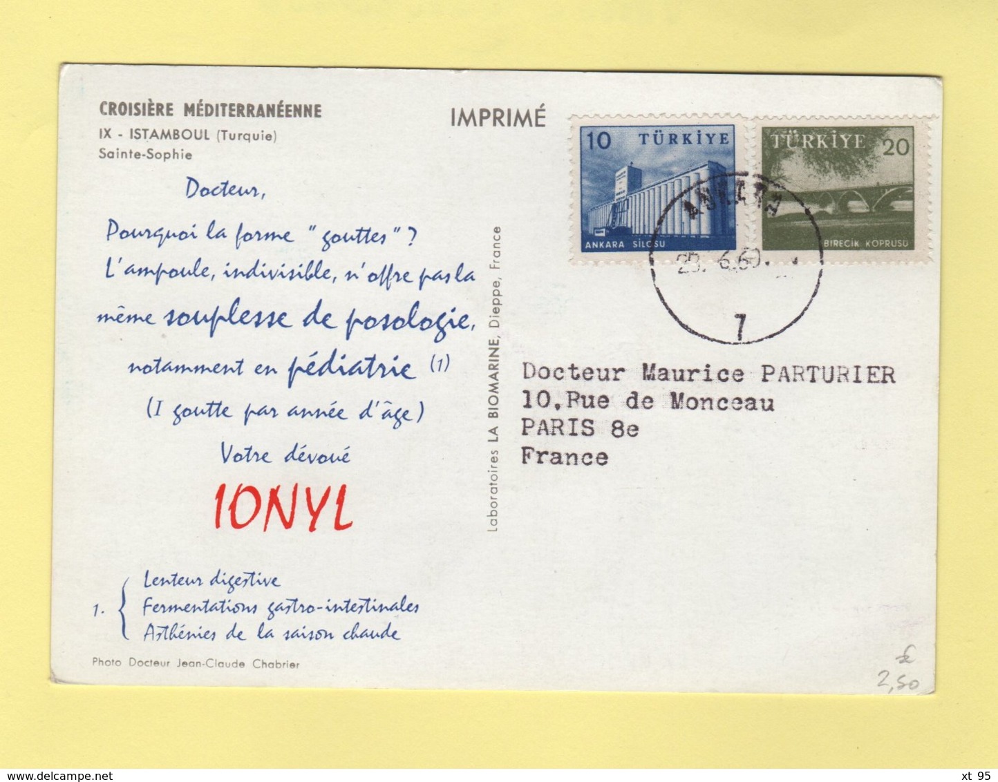 Carte Publicitaire Ionyl - Croisiere Mediterraneenne - 1960 - Lettres & Documents