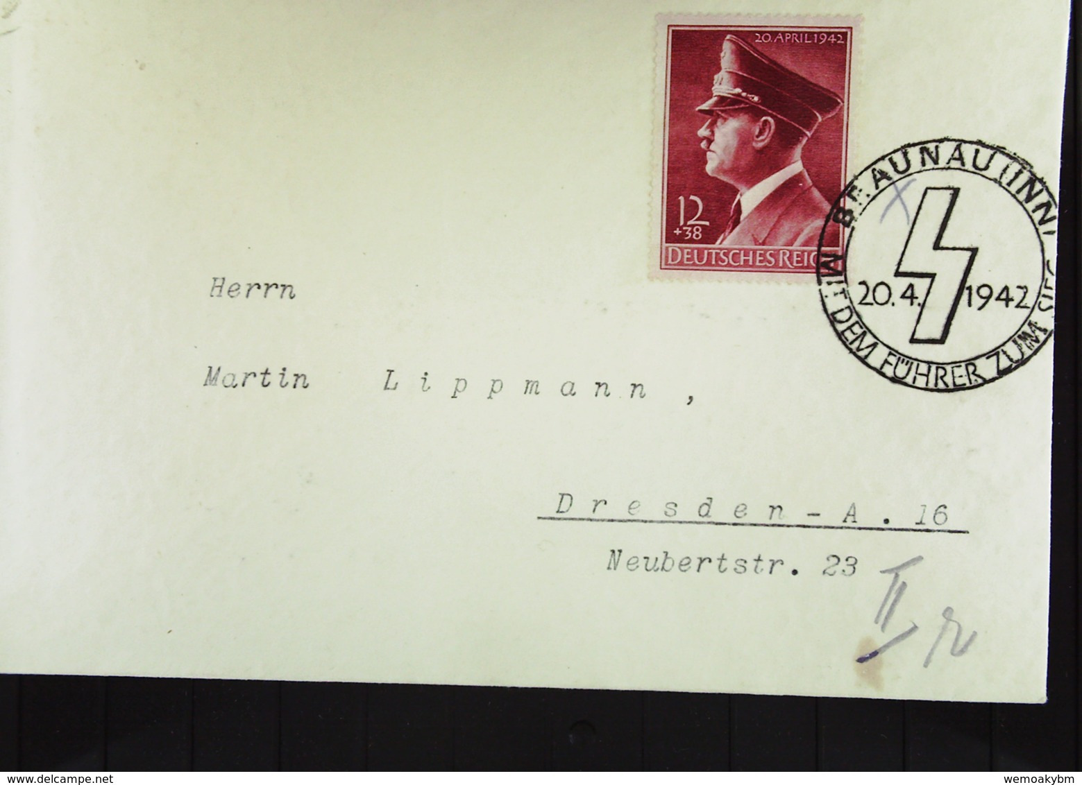 DR: Fern-Brief Mit 12+38 Pf Hitler Zum 53. Geburtstag Mit SoSt. Braunau (Inn) 20.4.1942 Knr: 813 - Briefe U. Dokumente