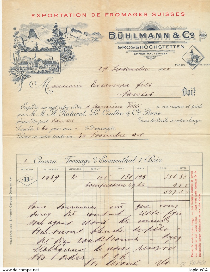 FA 1451 -FACTURE   -EXPORTATION DE FROMAGES SUISSES BUHLMANN & C O GROSSHOCHSTETTEN EMMENTAL SUISSE 1908 - Suisse