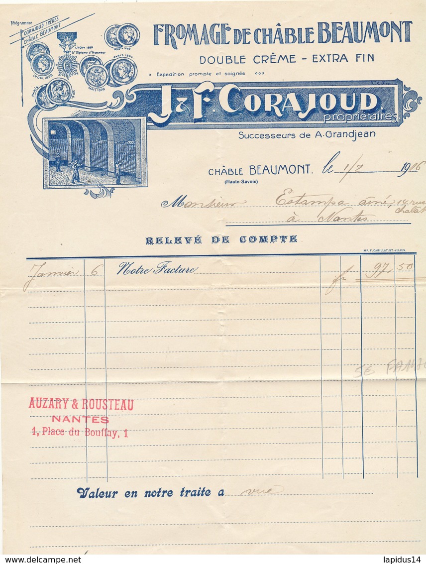 FA 1470 -FACTURE - FROMAGE DE CHABLE BEAUMONT J & F. CORAJOUD  (HAUTE SAVOIE)  (1916) - Lebensmittel