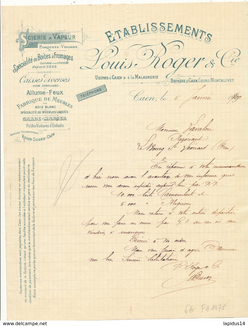 FA 1476- FACTURE SPECIALITE DE BOITES A FROMAGES   ETS LOUIS ROGER& Cie USINE A CAEN  LA MALADRERIE  (CALVADOS)  (1900) - Alimentaire