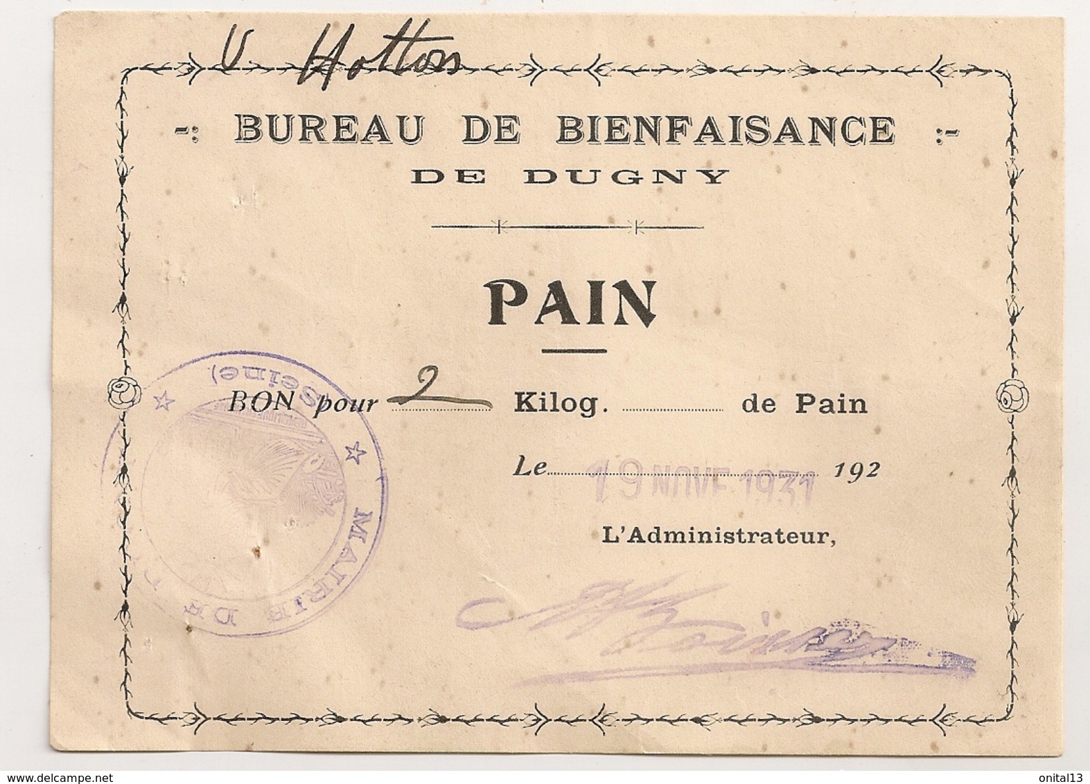 1931 BUREAU DE BIENFAISANCE DE DUGNY SEINE  / BON POUR 2KG DE PAIN   B2024 - Notgeld