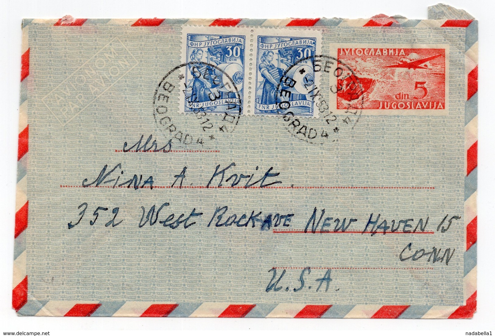 1953 YUGOSLAVIA, SERBIA, BELGRADE TO NEW HAVEN, USA, AIR MAIL - Lettres & Documents