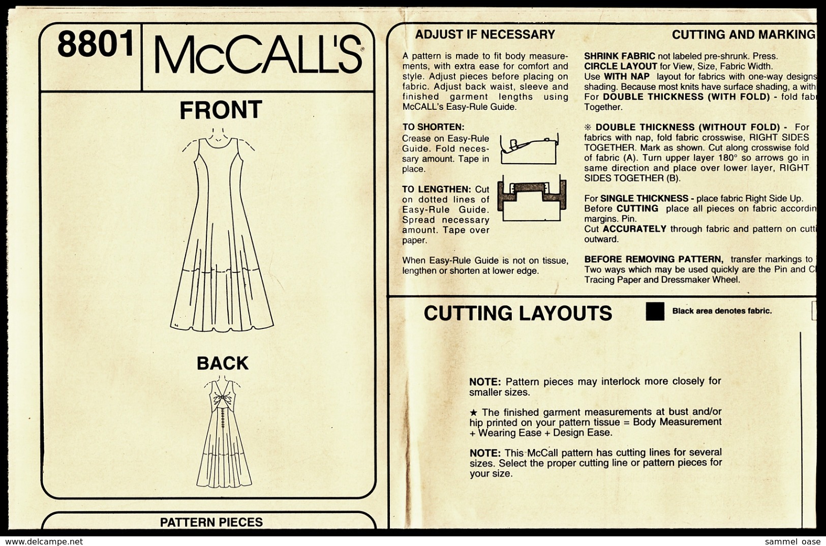 Vintage McCall`s Schnittmuster 8801  -  Misses Sommerkleid In 2 Längen  -  Size B   Größe 8-12 - Designermode