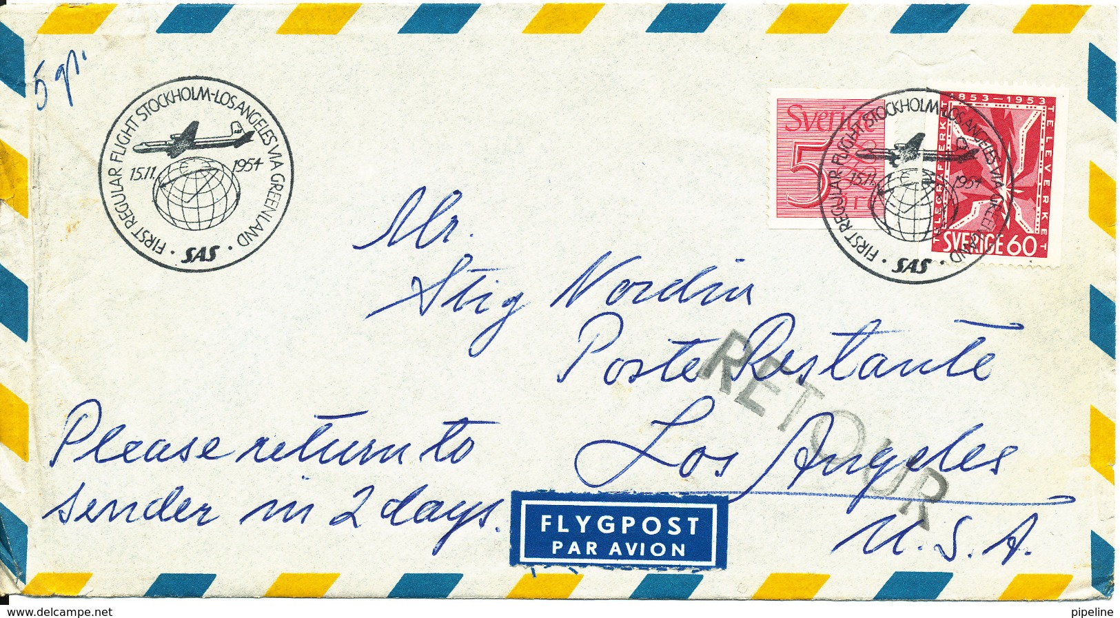 Sweden Air Mail Cover First SAS Flight Stockholm Los Angeles Via Greenland 15-11-1954 - Covers & Documents