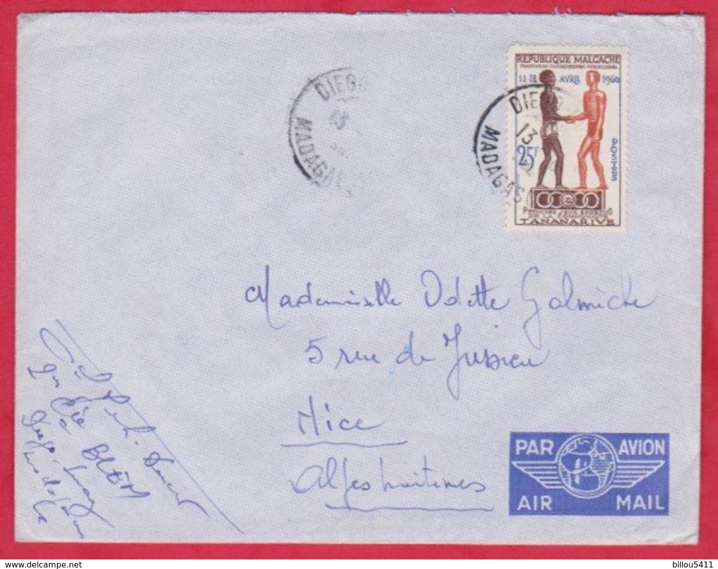 Republique Malgache Cachet  Année Environ 1960 ; Obitération Diégo Suarez.Sur Lettre  N°354 Seul Pour Nice - Briefe U. Dokumente