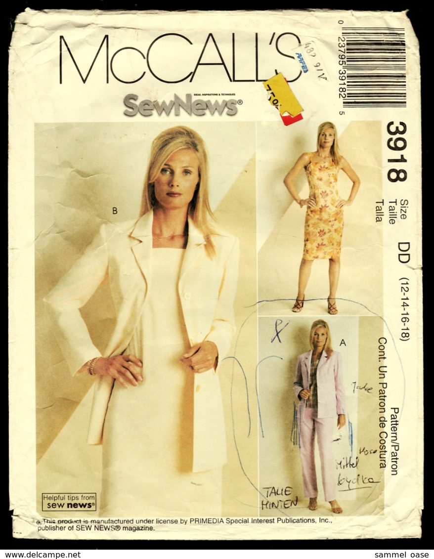 Vintage McCall`s Schnittmuster 3918  -  Misses' / Miss Petite Lined Jacket, Dress, Top And Pants  - Size DD  Größe 12-18 - Designermode