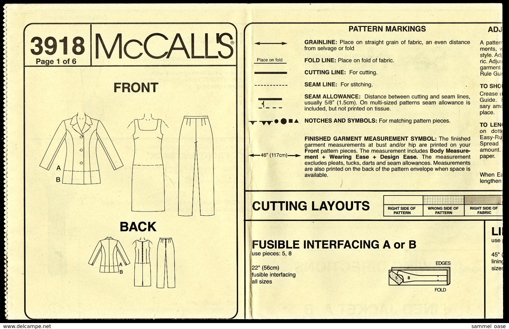 Vintage McCall`s Schnittmuster 3918  -  Misses' / Miss Petite Lined Jacket, Dress, Top And Pants  - Size DD  Größe 12-18 - Haute Couture