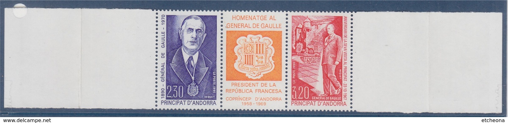 = Hommage Au Général De Gaulle 2 Timbres + Vignette Bande Horizontale Neuve Principauté D'Andorre - De Gaulle (General)