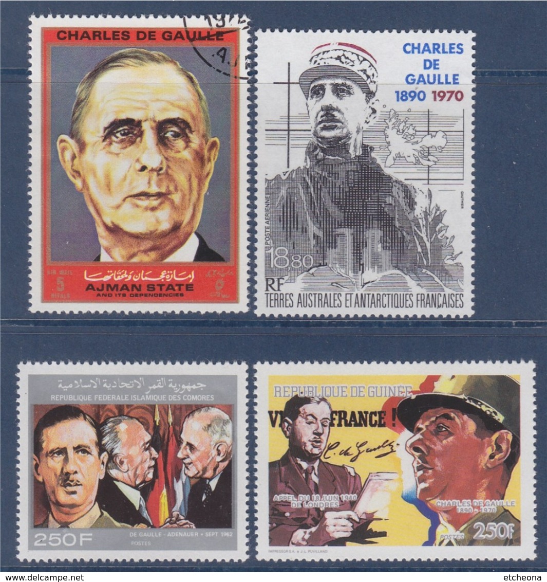 = Hommage Au Général De Gaulle 4 Timbres Guinée, Comores, Ajman Et TAAF - De Gaulle (Général)