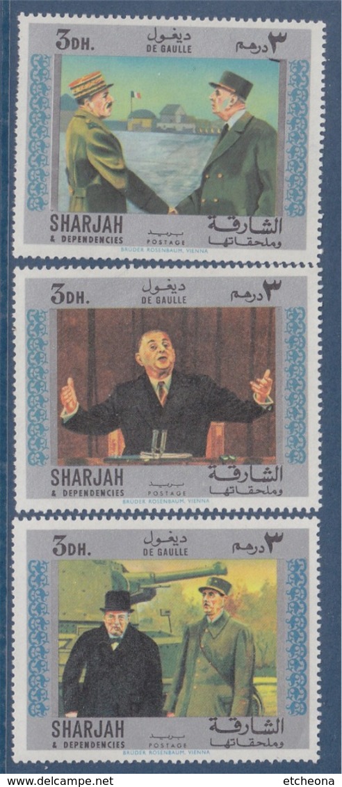 Hommage Au Général De Gaulle 3 Timbres Sharjah Et Dépendances Neufs Sans Gomme - De Gaulle (General)