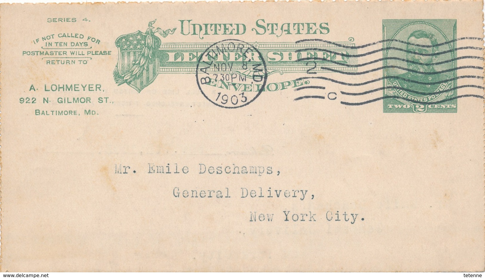 1 Enveloppe Entier Postal Entiers Postaux USA UNITED STATES OF AMERICA BALTIMORE. NEW YORK - Altri & Non Classificati