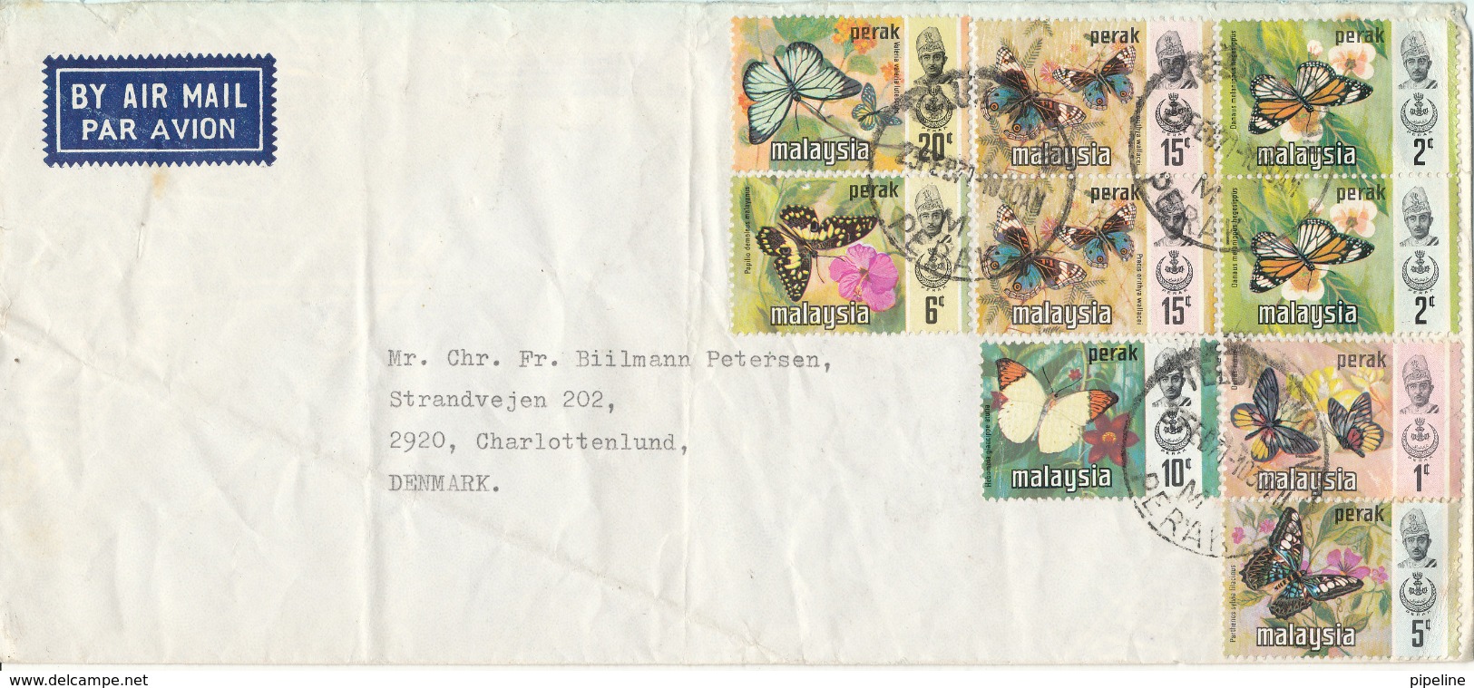 Malaysia Perak Air Mail Cover Sent To Denmark 23-2-1971 With A Lot Of Topic Stamps (bended Cover) - Malasia (1964-...)