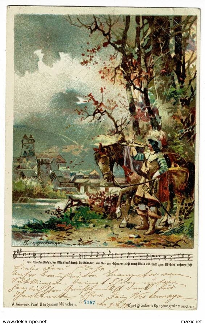 Carte Illustrée T Guggenberger " Chevalier Soufflant Dans Une Trompe Pour Annoncer Son Arrivée. Partition & Chant, 1899 - Guggenberger, T.