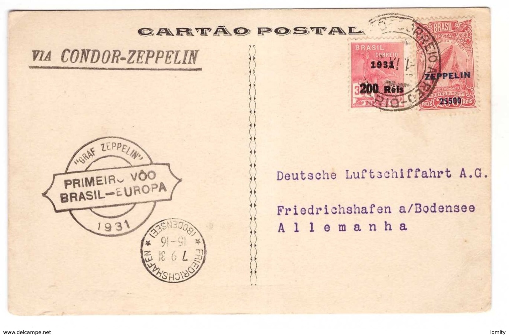 Brasil Bresil Premier Vol Condor Graf Zeppelin Europe Cachet 1.9.1931 Arrivée Friedrichshafen 7.9.31 Carte Postale - Airmail (Private Companies)