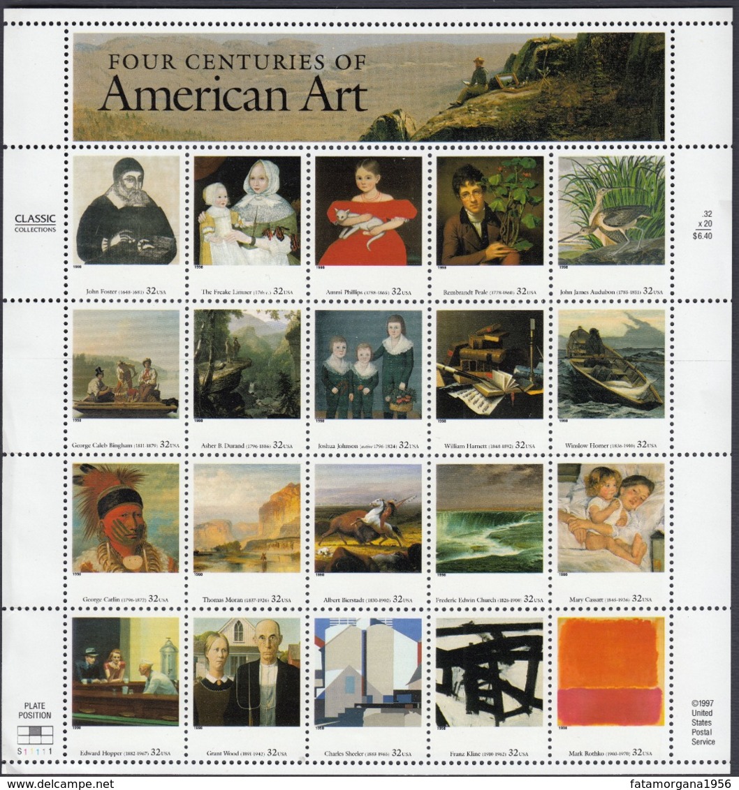 USA - 1998 - Foglietto Nuovo MNH "Four Centuries Of American Art" Composto Da 20 Valori, Yvert 2775/2794, E Una Vignetta - Blocchi & Foglietti