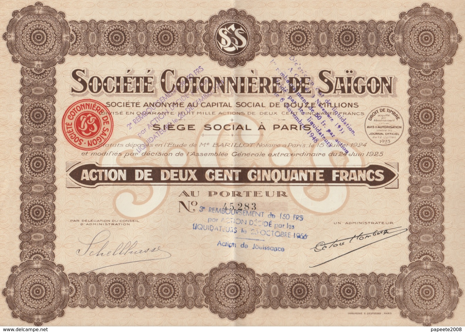 Indochine - Sté Cotonnière De Saïgon - Action De 250 F / 1925 - Asia