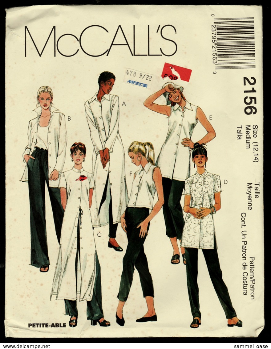 Vintage McCall`s Schnittmuster 2156  -  Shirts In 3 Längen, Ärmeln Und Kragen  -  Size Medium  -  Größe 12-14 - Designermode