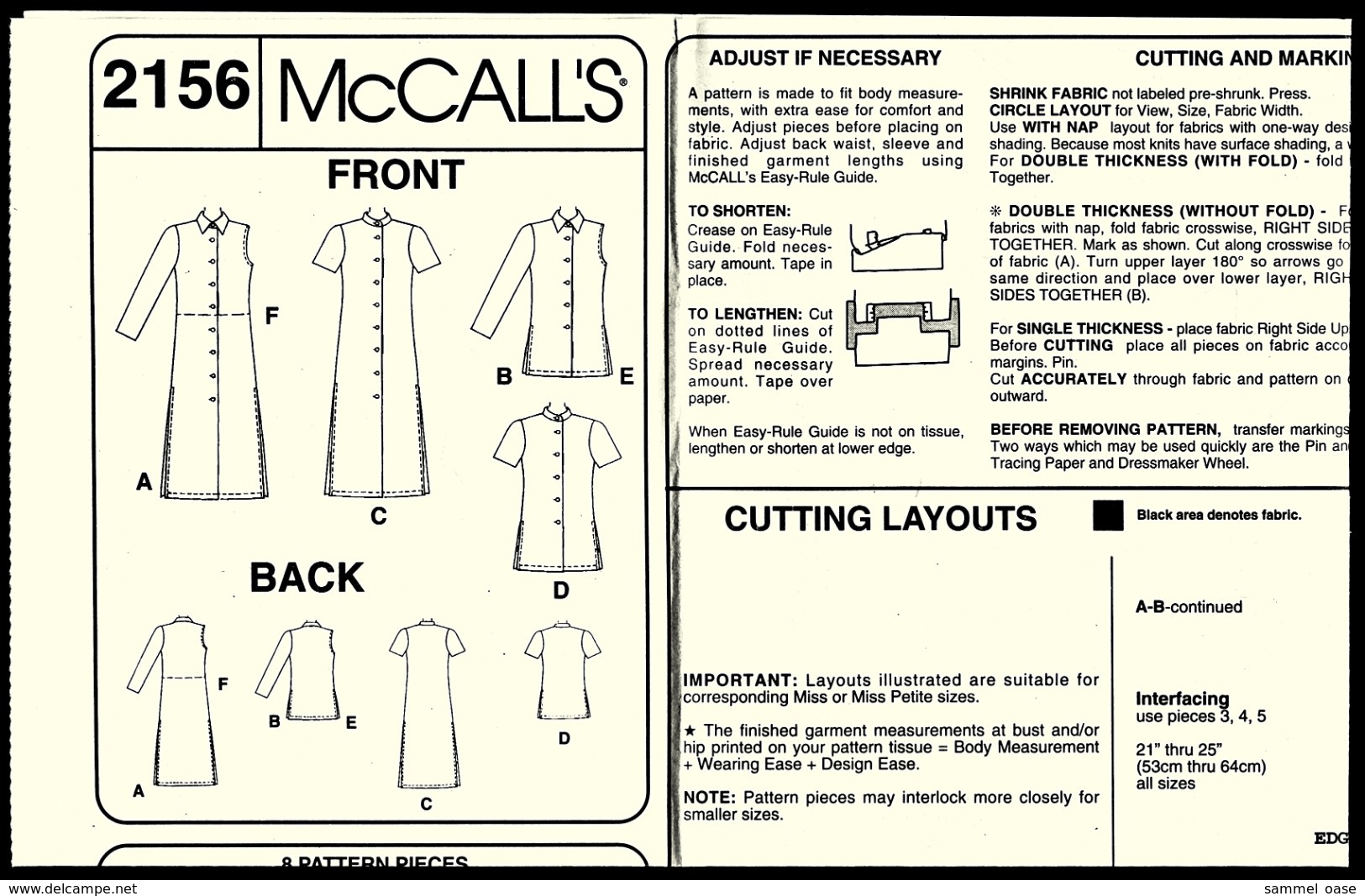 Vintage McCall`s Schnittmuster 2156  -  Shirts In 3 Längen, Ärmeln Und Kragen  -  Size Medium  -  Größe 12-14 - Designermode