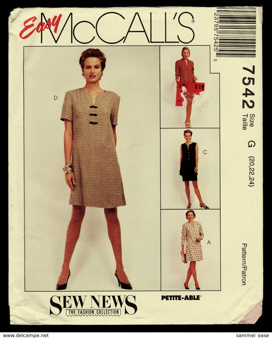 Vintage McCall`s Schnittmuster 7542  -  Kleid, Ungefütterte Jacke, Weste, Rock  -  Size G  -  Größe 20-24 - Designermode