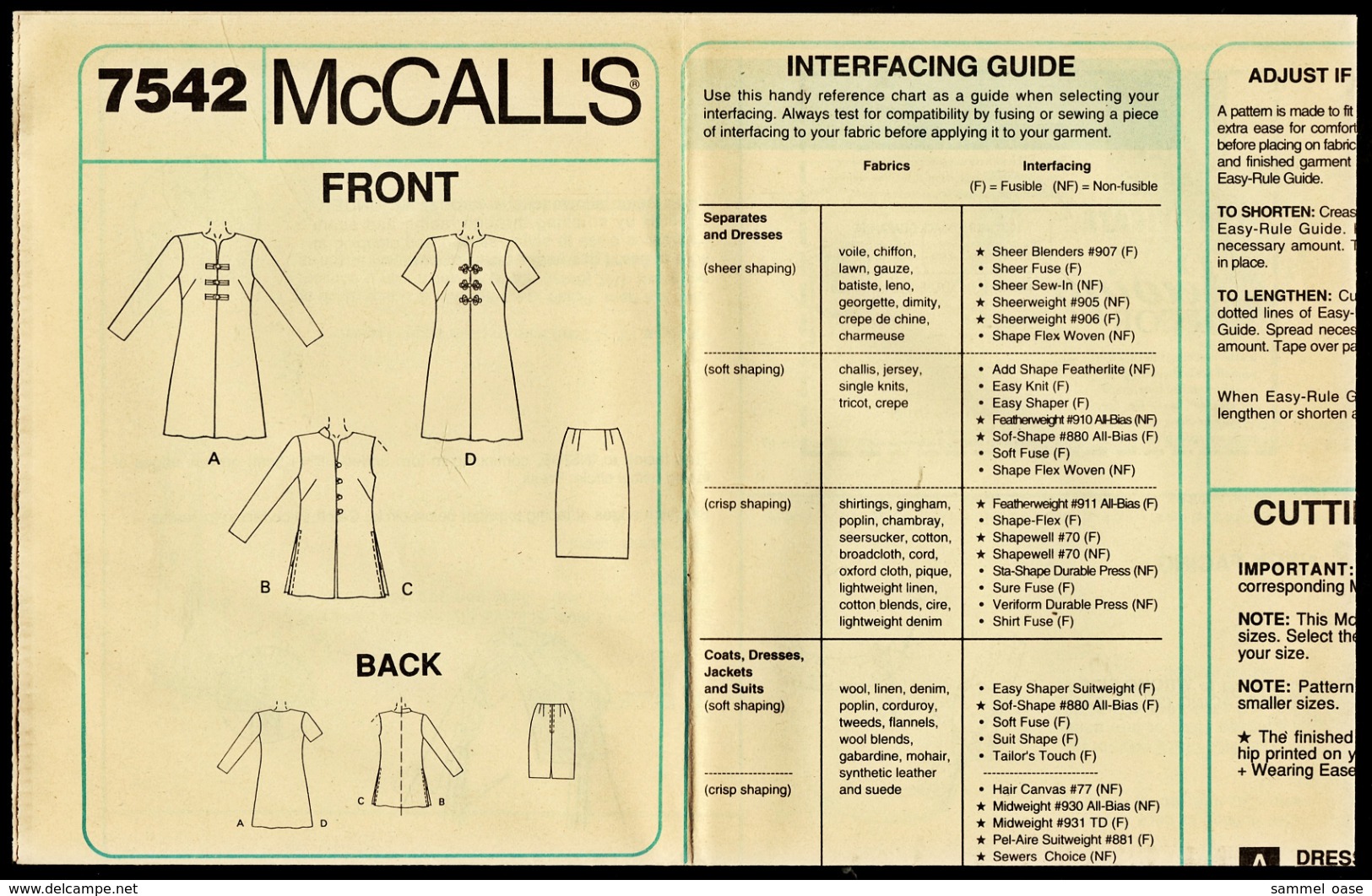 Vintage McCall`s Schnittmuster 7542  -  Kleid, Ungefütterte Jacke, Weste, Rock  -  Size G  -  Größe 20-24 - Alta Moda