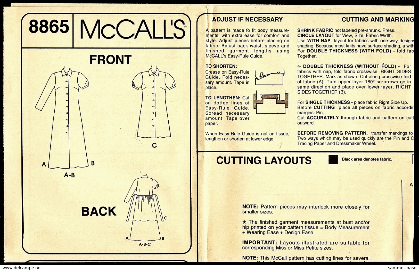 Vintage Mccall`s Schnittmuster 8865  -  Damen Kleid Locker Sitzend  -  Size E -  Größe 14-18 - Haute Couture