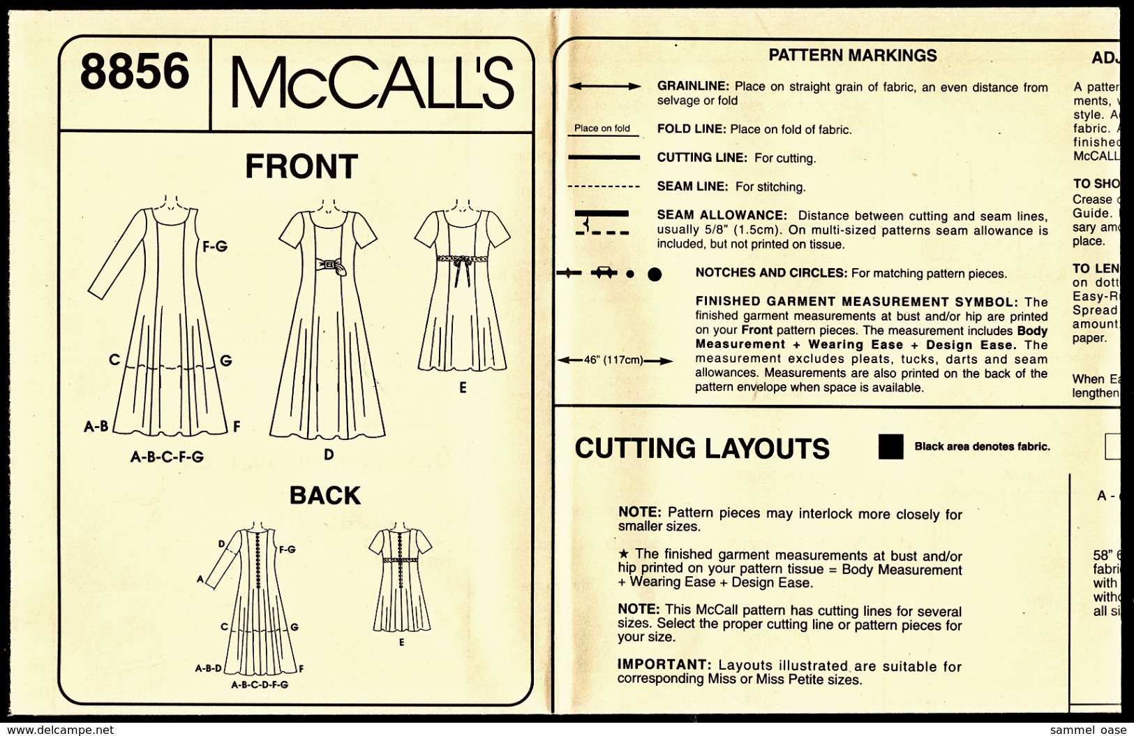 Vintage McCall`s Schnittmuster 8856  -  Misses Semi Kleid Auf Taille Prinzessin  -  Size B -  Größe 8-12 - Alta Moda