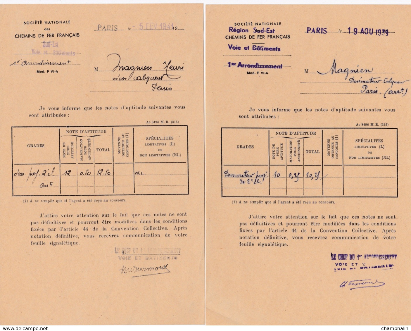 SNCF - 2 Relevés De Notes D'aptitudes De 1939 & 1941 - Paris (75) - Non Classificati