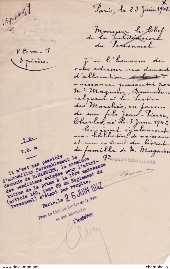 SNCF - Demande D'allocation à La Première Naissance - Paris (75) - 23 Juin 1942 - Zonder Classificatie