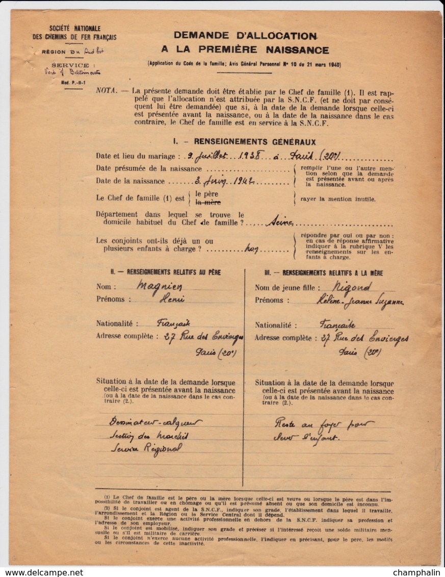 SNCF - Demande D'allocation à La Première Naissance - Paris (75) - 23 Juin 1942 - Zonder Classificatie