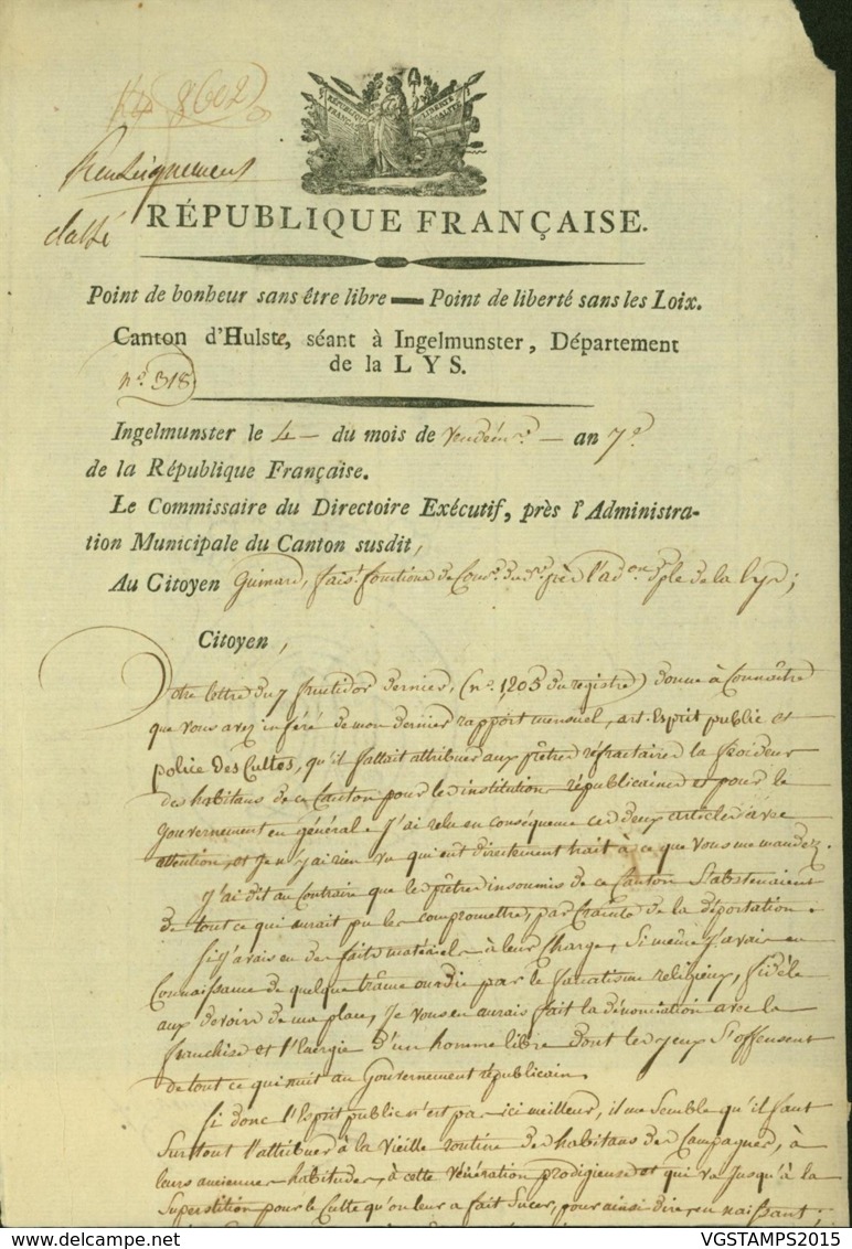 BELGIQUE LETTRE DATE DE INGELMUNSTER 25/09/1798 DOCUMENT ILLUSTRE (DD) DC-4476 - 1794-1814 (Période Française)