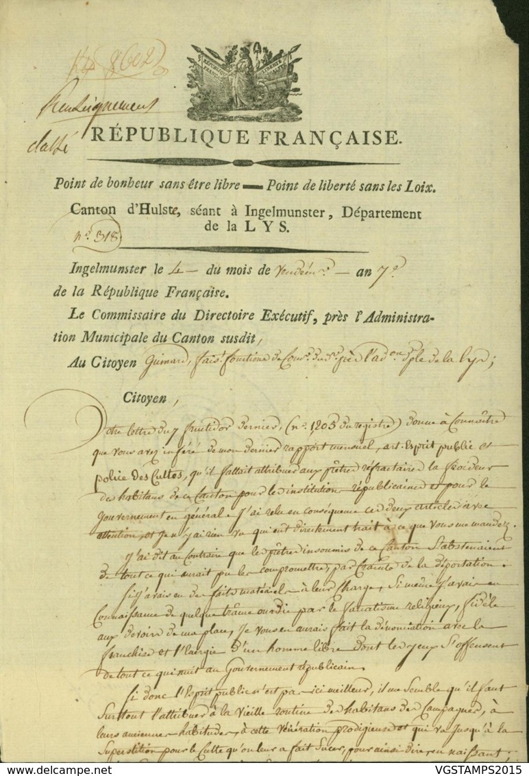 BELGIQUE LETTRE DATE DE INGELMUNSTER 25/09/1798 DOCUMENT ILLUSTRE (DD) DC-4476 - 1794-1814 (French Period)