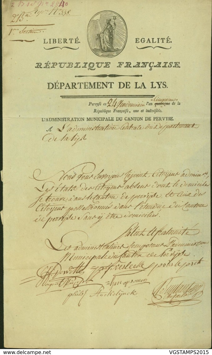 BELGIQUE LETTRE DATE DE PERVYSE 15/10/1796 "91 FURNES" DOCUMENT ILLUSTRE (DD) DC-4477 - 1794-1814 (French Period)