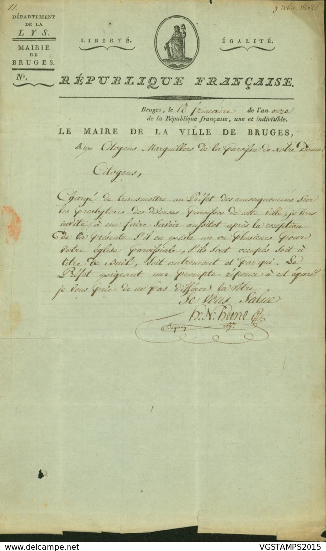 BELGIQUE LETTRE DATE DE BRUGES 08/12/1802 DOCUMENT ILLUSTRE (DD) DC-4485 - 1794-1814 (Période Française)